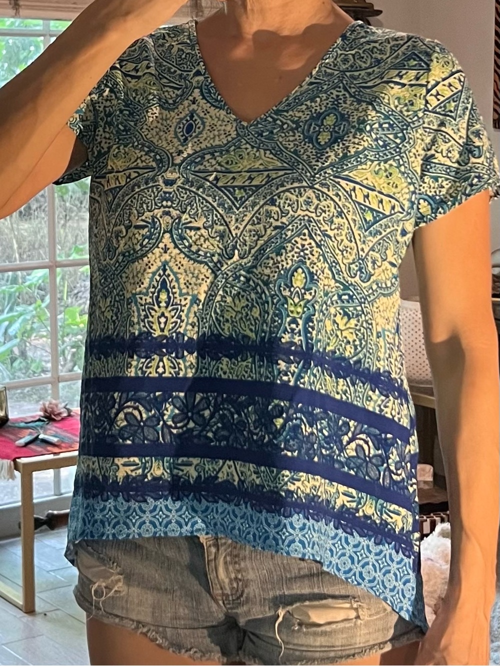 Blue Paisley V-Neck Short Sleeve Top -by Renee